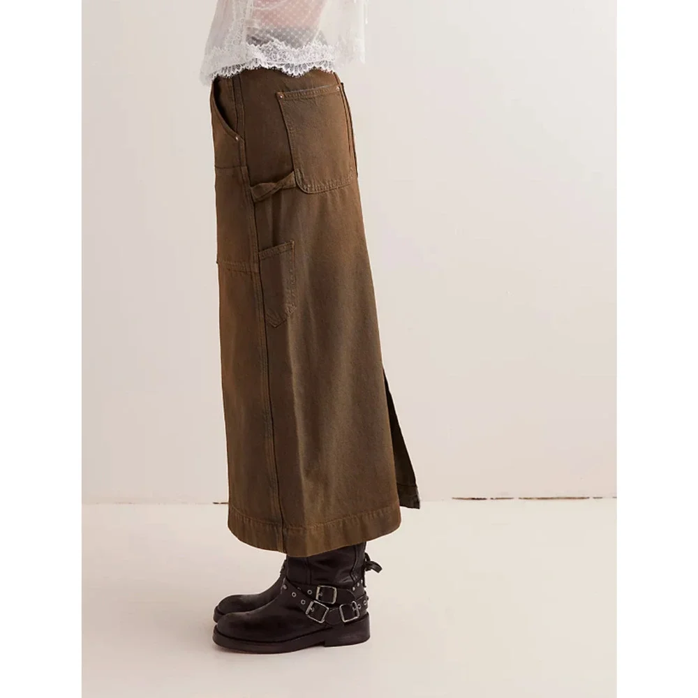 NEW FREE PEOPLE WE THE FREE NEW MOON HARMONICA COATED DENIM MAXI SKIRT SZ 26